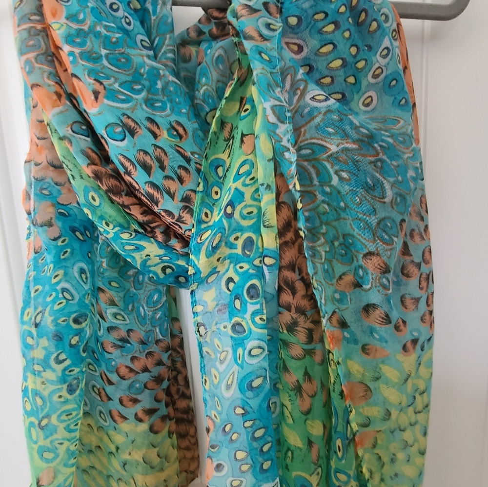 Turquoise peacock feather designer scarf..Gorgeous colors..like new